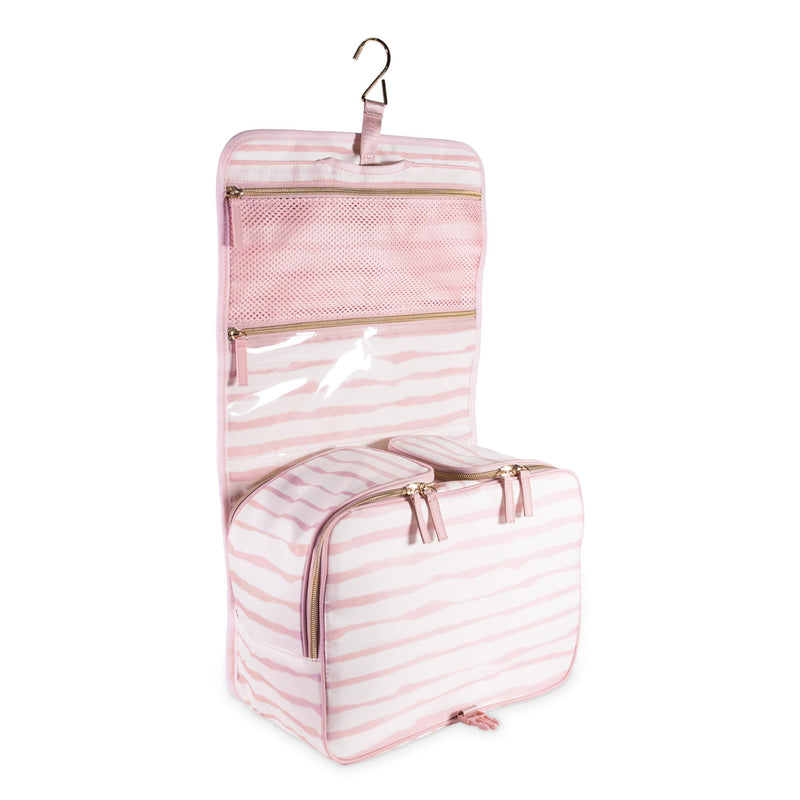 kate spade new york Hanging Toiletry Bag, Goddess Stripe | 8.5" x 12.75" x 6" Travel Organizer with Gold Hook, 2 Large Bottle Compartments, Mesh & Clear Pockets, Nylon & Mesh