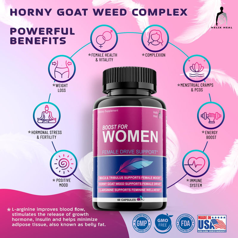 [Australia] - Female Libido Booster for Women - Energy Booster w. Hornygoatweed for Women, Maca Root - Tribulus - Ginseng & L-Arginine - Hormone Balance for Women - 30 Day Supply (60ct), Made-in-USA 