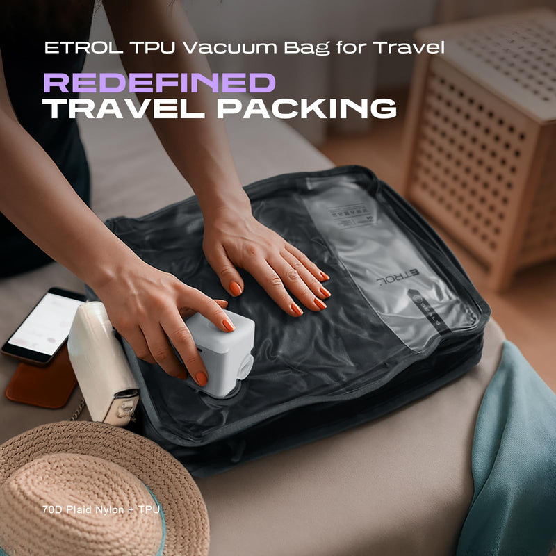 ETROL TPU Vacuum Bag for Travel, 70D Nylon Reusable Compression Bag with IP67 Waterproof Zipper, Compression Packing Cubes for Clothing, Space Saver Bags for Luggage (Full Open, Grey,1Pcs+Pump) Full Open, Grey,1Pcs+Pump