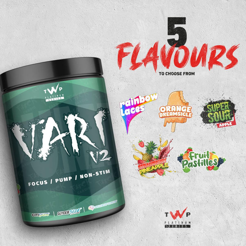 TWP Nutrition Platinum Series VARI V2, Non Stim Focus and Pump Pre Workout, 580g and 20 Servings, 5 Great Flavours (Rainbow Laces) Rainbow Laces
