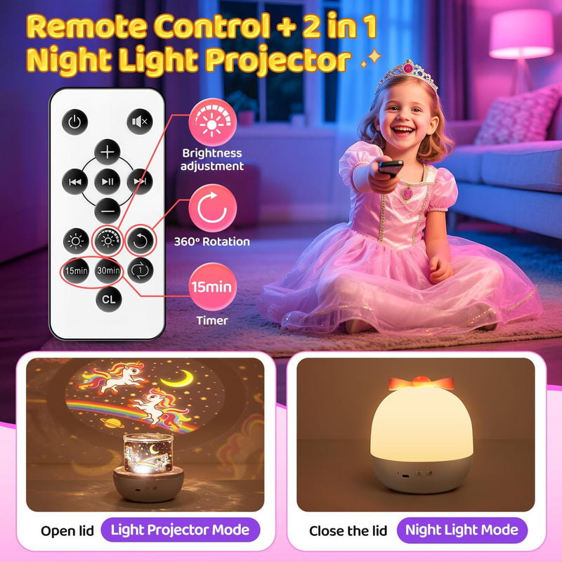 [Australia] - Night Light for Kids+15 Films+White Noises, 105 Lighting Kids Night Light Projector, Remote Dimmable Light Projector for Bedroom, Rechargeable Toddler Night Light,Kawaii Unicorn Gifts for Girls 