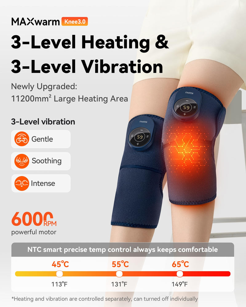 Cordless Knee Massager with Heat Vibration for Pain Relief MAXwarm 3.0[2025 Upgraded]-Electric Heated Knee Brace with 3 Heat Levels and 3 Massage Mode, Gifts for Men Women(Blue, 2-Pack) 2Pack