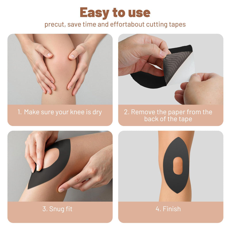 Precut Kinesiology Tape for Knees, 10 Pcs Waterproof & Elastic Athletic Tape for Knee Support & Stability, Breathable Hypoallergenic Latex-Free Tape, German-Engineered Skin-Friendly Adhesive (Black) Black