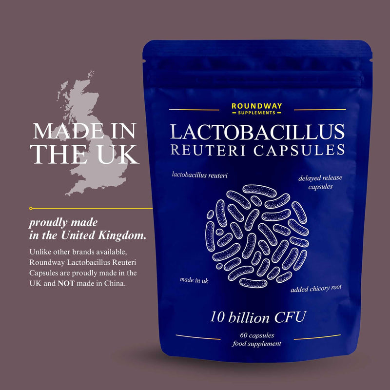 Lactobacillus Reuteri Probiotic Capsules | High Strength L Reuteri 10 Billion CFU | Probiotics for Gut Health | 2 Months Supply for Women & Men with Added Inulin Prebiotic by Roundway Supplements