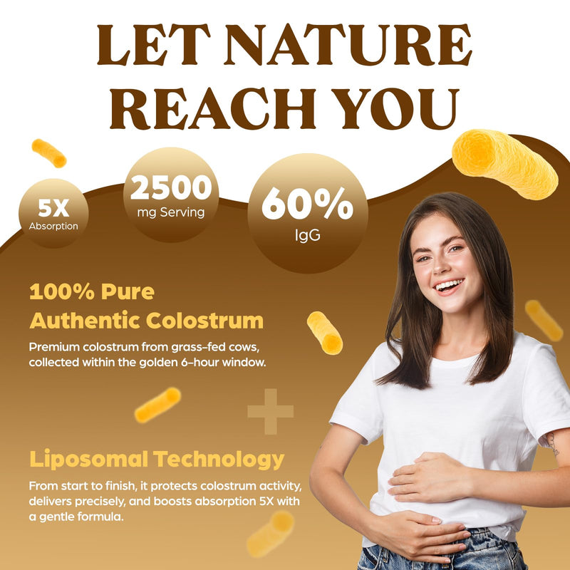 Liposomal Bovine Colostrum Powder 2500MG, 60% High IgG from First Milking, 5X Maximum Absorption, Pure Colostrum Supplement for Gut & Immunity, Easy to Mix, 60 Servings Pack of 1