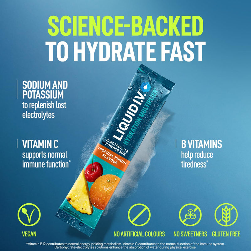 Liquid I.V. Hydration Multiplier Electrolyte Powder Variety Pack, Tropical Punch & Strawberry, Electrolytes With 7 Vitamins & Minerals For Fast Hydration & Energy, Vegan and Gluten Free, 32 Sachets Tropical Punch + Strawberry