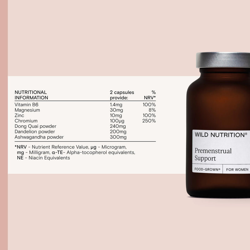 WILD NUTRITION Food-Grown Premenstrual Support | Premenstrual Supplements to Support Mental Resilience & Hormone Balance for Women | Ashwagandha, B6, & Zinc | PMS Supplements for Women | 60 Capsules