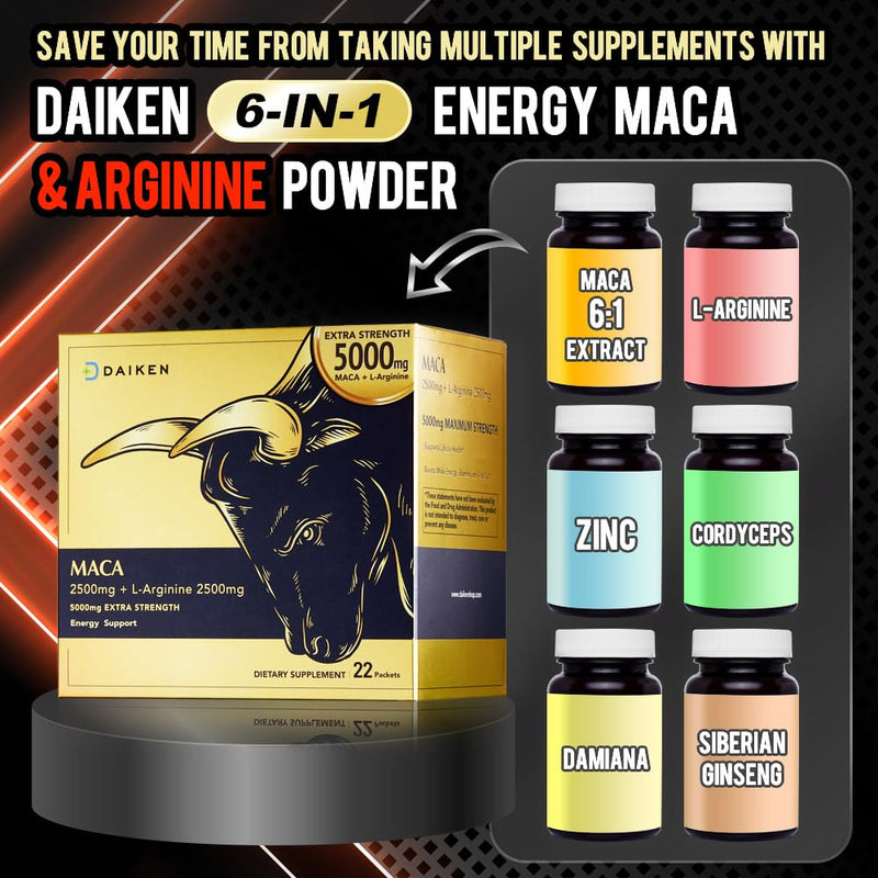[Australia] - DAIKEN Peruvian Maca Root Powder Extra Strength 15,000 mg, Gelatinized Black, Red, Yellow Maca Blend with L-Arginine (2,500 mg) for Men and Women, Superior Absorption, Vegan, Lab Tested - 22 Packets 