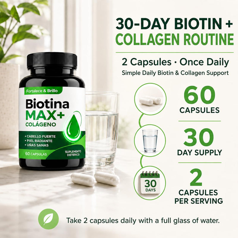 Biotina Max Colageno, Biotin and Collagen Supplements with Biotina B7 & Vitamins, Biotin for Hair Growth Women, Improve Skin and Nails, 60 Capsules Green