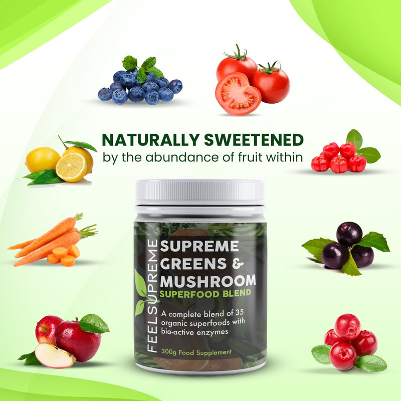 Super Greens Powder with Mushroom - 35 Nutrient Dense Organic Superfoods, no Added Sugar - High in Fibre, Protein, Vitamin C, Spirulina - Greens Supplement, Mushroom Powder - 300g