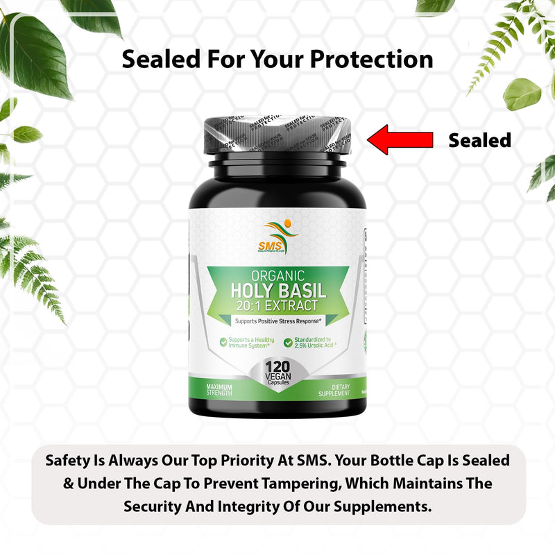 [Australia] - Organic Holy Basil 20:1 Extract, Max Potency, 2.5% Ursolic Acid, 120 Vegan Capsules, 4-Month Supply, Concentrated & Standardized 20X Tulsi Extract, 100% Certified Organic, Non-GMO 