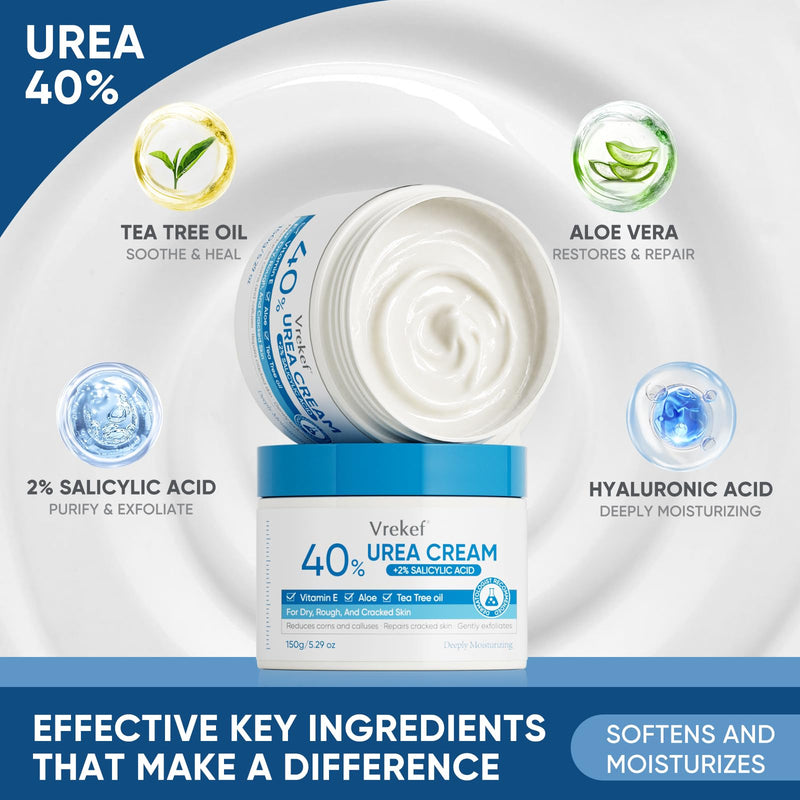 Urea Cream 40 Percent with 2% Salicylic Acid, Urea Cream 40 Percent for Feet Maximum Strength, Foot & Hand Cream for Dry Cracked Heels, Callus Softener for Rough Thick Skin, 5.29 oz (2 PCS) 2P