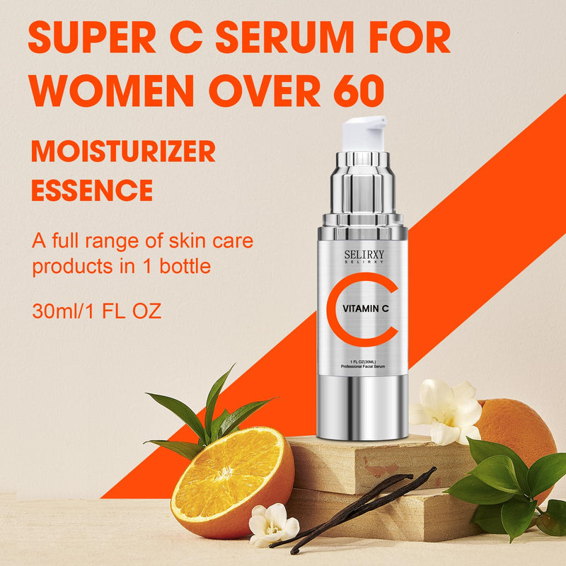 Super Vitamin C Serum for Women over 70, All-In-One Total Package Face Serum for Mature Skin, Hydrating, Lifting, Anti-Aging Reduce Wrinkles Age Spots Unscented