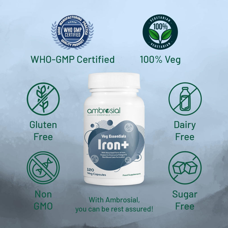Ambrosial Iron Capsules 25mg - High Strength Supplements for Women & Men - Blood Support for Tiredness & Fatigue - Non-Constipating, Enhanced Absorption - Vegan, Gluten Free - 120 Iron Capsules 120 count (Pack of 1)