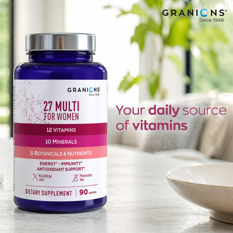 Granions Multi 27 Women's Multivitamin - Vitamins A, B, C, D3, E & B12 with Iron, Zinc, Magnesium & CoQ10 - Daily Energy, Immune & Antioxidant Support Supplement - 90 Tablets