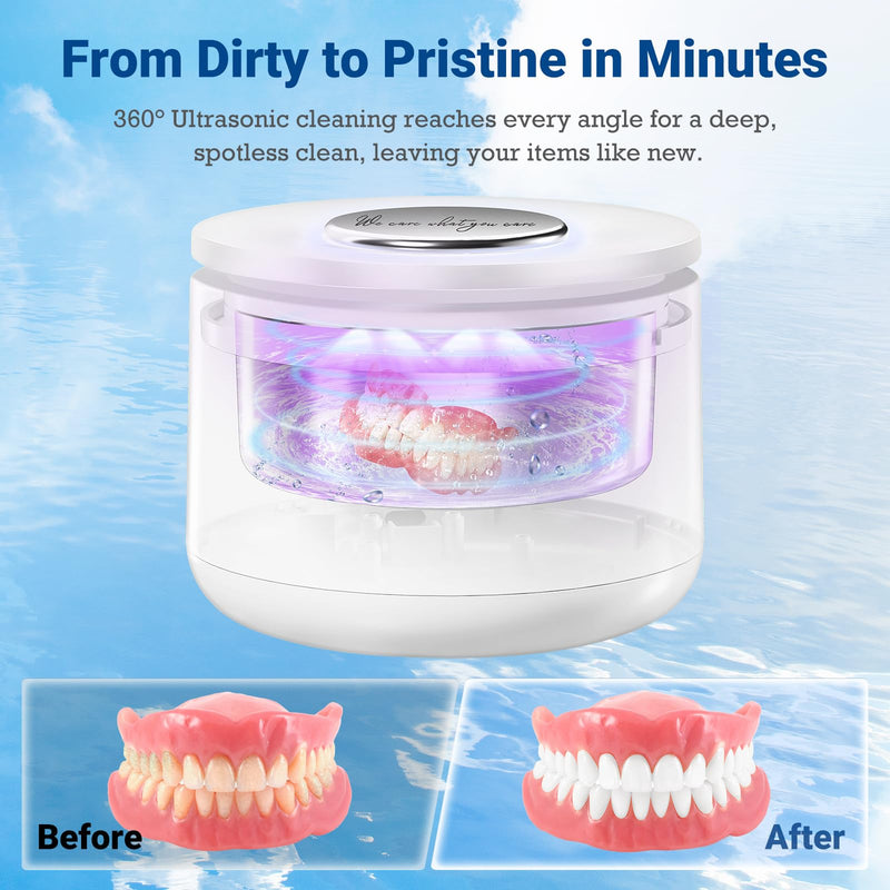 [Australia] - Ultrasonic Retainer Cleaner - 45kHz Retainer Cleaner Machine Dental Cleaning Pod for Dentures, Mouth Guard, Night Guard, Toothbrush Heads, Jewelry with 3 Modes & 160ML Capacity White 