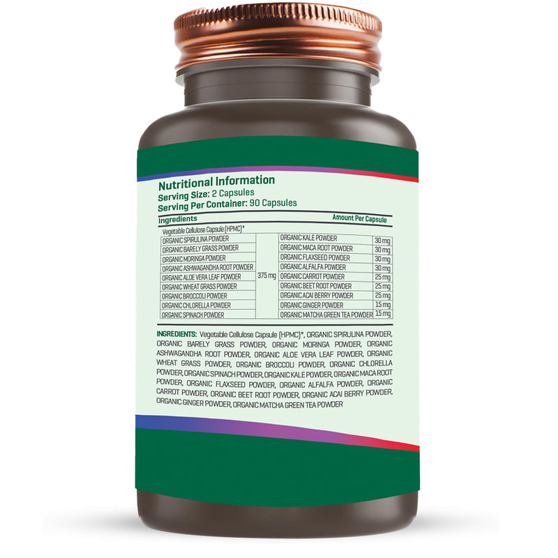Organic Green Superfood Supplement Capsules - 90 Capsules with 18 Nutritious Ingredients