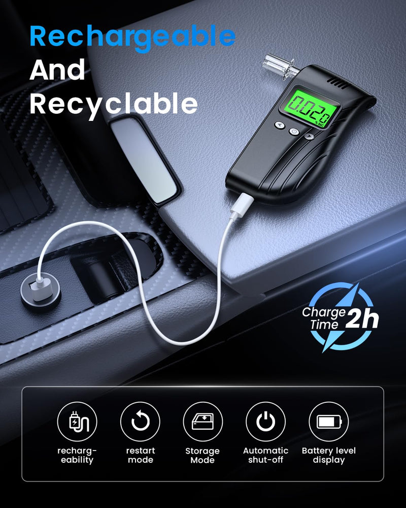 [Australia] - Breathalyzer | Professional-Grade Accuracy Breathalyzers for Alcohol with Used Records | Portable Alcohol Tester for Personal & Professional Use with Easy USB Charging(10 Mouthpieces) Deep Black 