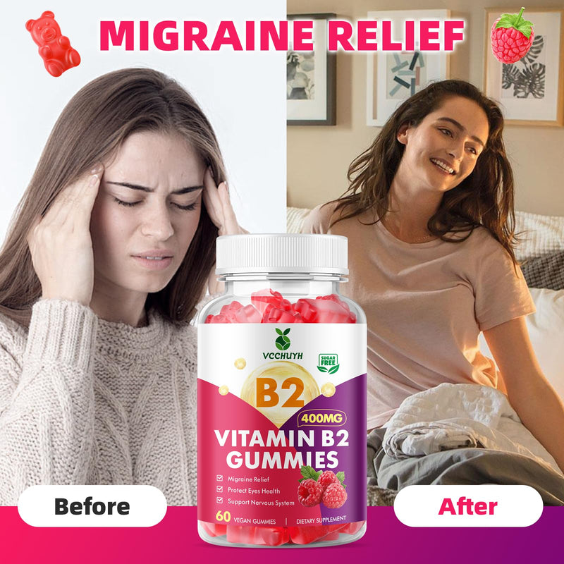 Vitamin B2 Gummies for Kids & Adults, VIT B2 Riboflavin 400mg Supplement with Magnesium for Migraine Relief & Nervous System Support, Non-GMO, Vegan, Raspberry Flavor 60 Count 60 Count (Pack of 1)