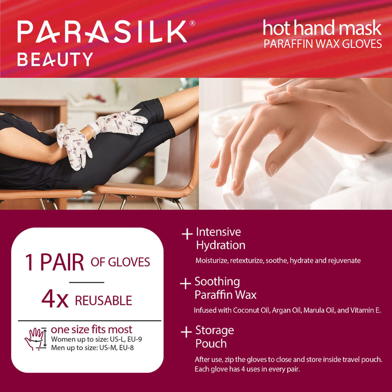 [Australia] - Parasilk Beauty Hot Hand Mask– 1 Pair Self-Contained Paraffin Wax Gloves, Intensive Hydration. Infused with Vitamin E, Coconut, Argan, & Marula Oil 