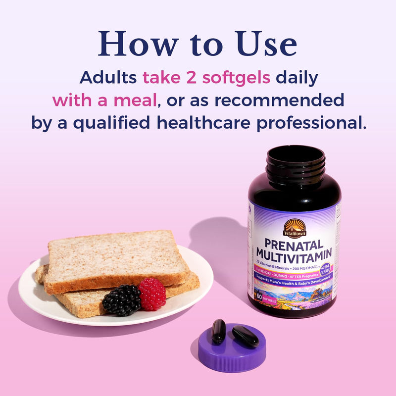 Vitalitown Prenatal Vitamins for Women, with Methylfolate, DHA & Choline, Healthy Growth and Brain Development, Supplement for Before, During, & Post Pregnancy, All Natural, 60 Softgels, Non GMO