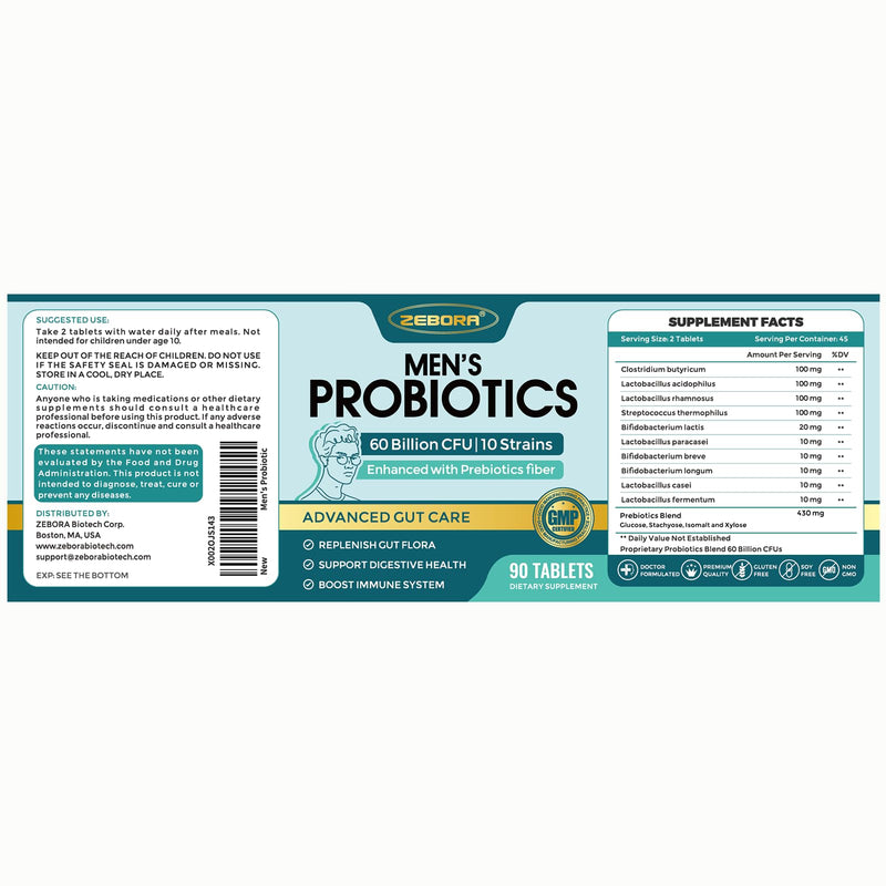 [Australia] - Probiotics for Men, Probiotics and Prebiotics for Digestive Health, 90 Tablets, 60 Billion CFUs for Immune and Gut Health, 10 Strains, Hypoallergenic Probiotics, Shelf Stable, Gluten & Soy Free 