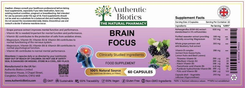 Brain Focus Supplement with Ashwagandha KSM-66 – Nootropic with B Complex & Magnesium | Energy, Memory, Focus & Mental Clarity | Vegan Cognitive Support | 60 Capsules 1