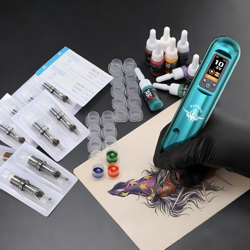 [Australia] - Tuffking Tattoo Machine Kit Rotary Wireless Tattoo Pen Kit with 20pcs Extra Smooth Cartridge Needles Practice Skin Supplies for Beginners & Professional Artists 