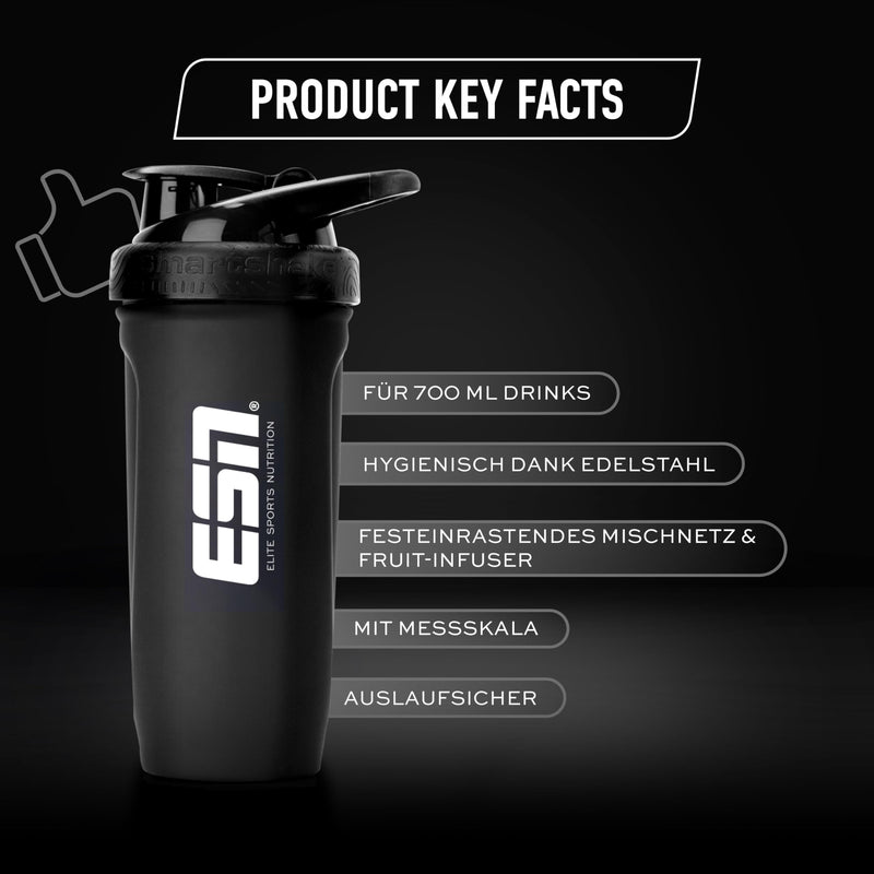 [Australia] - ESN Shaker Reforce Stainless Steel, black, 700 ml, leak-proof, units of measurement engraved inside, free of BPA & DEHP, tested quality 
