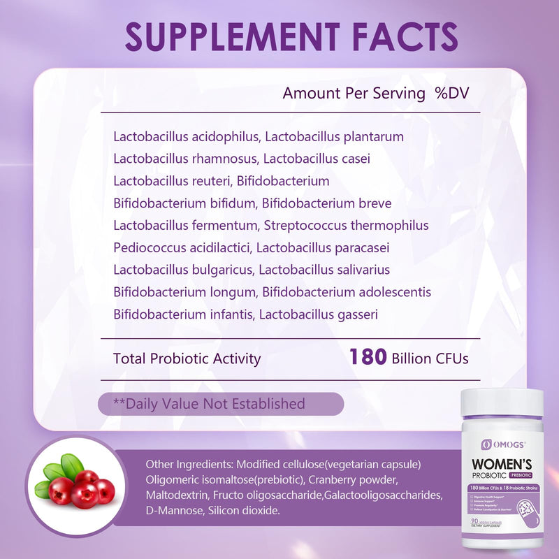 [Australia] - Women's Probiotic 180 Billion CFUs, 18 Strains, with Organic Prebiotics+Cranberry Extract & D-Mannose, for Digestive, Boost Immune, Women's Health & Urinary Tract Health, 90 Vegetarian Capsules 
