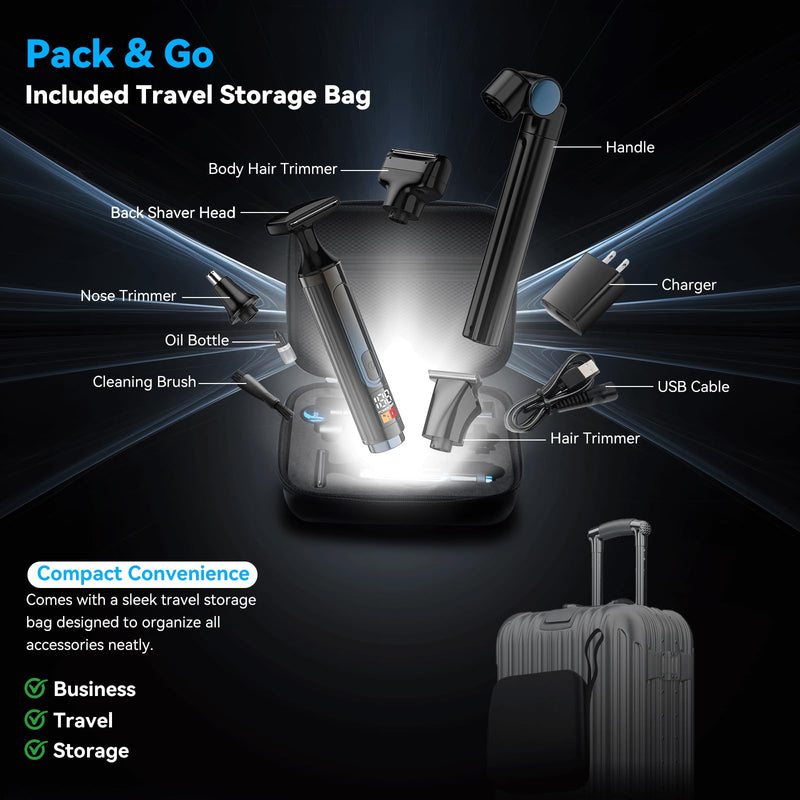 [Australia] - 2025 Upgraded Back Shaver for Men, LED Display Mens Back Shaver with Travel Case, Rechargeable with Long Handle, Safety Lock, IPX7, Multi-Functional Back Trimmer for Men,(Ash Gray) 