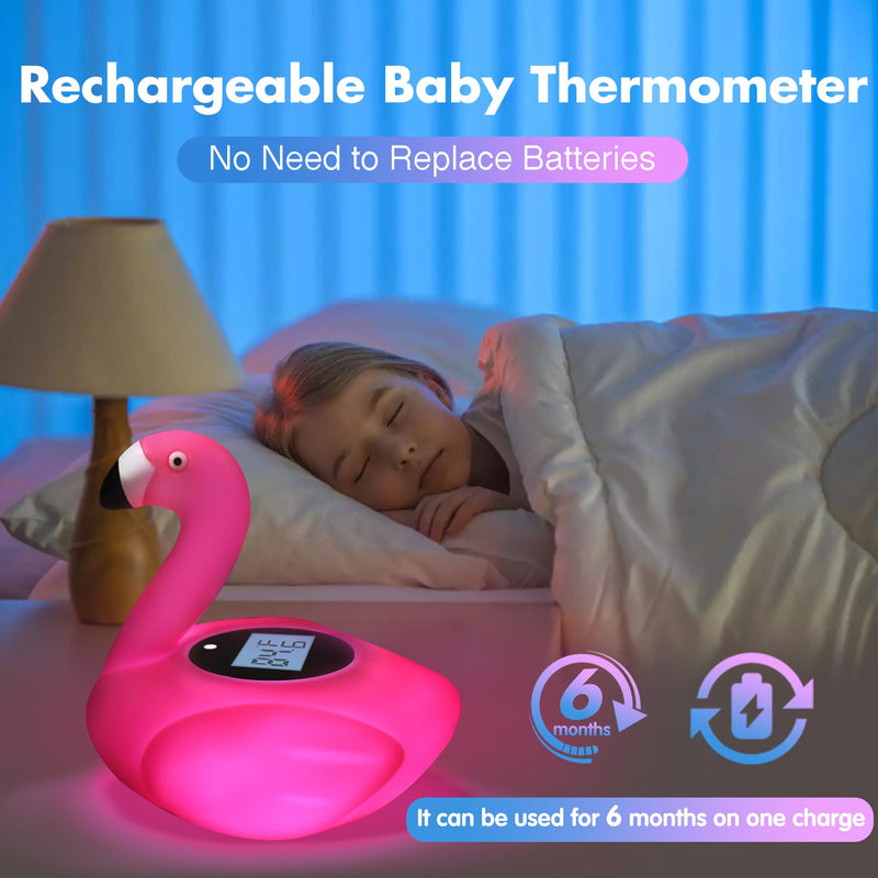 Rechargeable Baby Bath Thermometer Newborn with Light, BPA-Free Flamingo Bath Thermometer Baby Safety, IP68 Waterproof Bathtub Thermometer Floating Bath Toy,Baby Water Temp & Room Thermometer