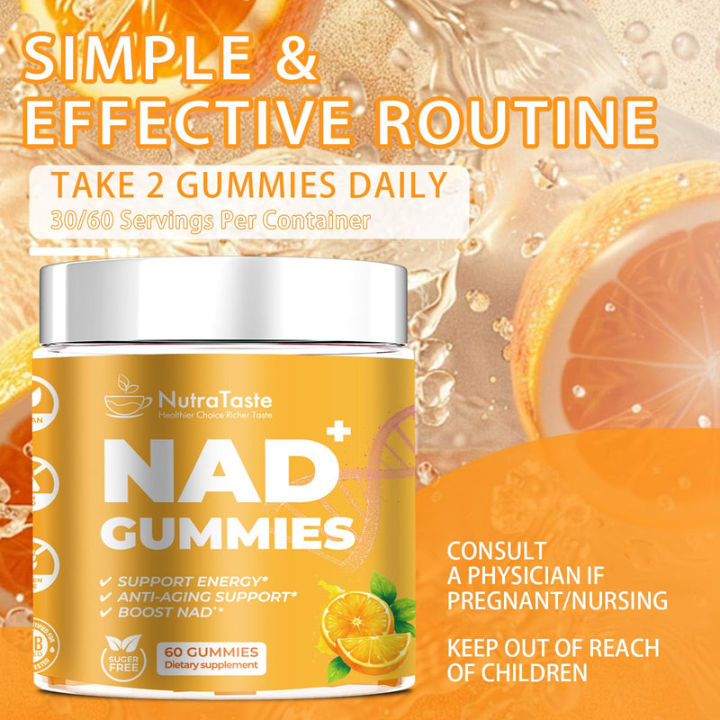 NAD⁺ Gummies Supplement for Anti-Aging, Energy & Focus Boost | Resveratrol, Nicotinamide Riboside | Orange Flavor, Vegan, Sugar-Free, 60 Count (Pack of 2) 60 Count (Pack of 2)