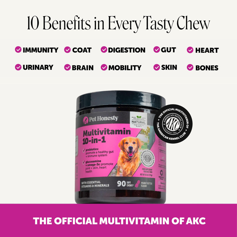 10-in-1 Dog Multivitamin Supplement with Glucosamine & Probiotics - Hip & Joint Support, Digestive Health, Immune Support, Heart & Skin - All-in-One Daily Vitamins & Omega-3s (Peanut Butter, 90 ct) Peanut Butter 90 Count