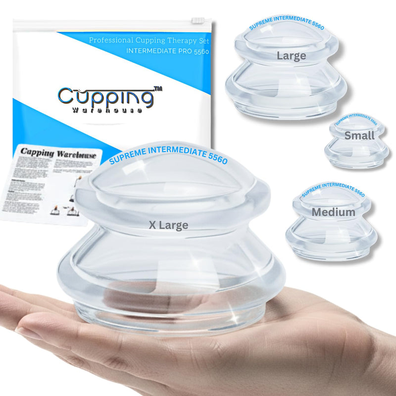 Cupping Warehouse Supreme 4 Intermediate Pro 5560 Beginner Silicone Cupping Set – 4 Cups for Body Sculpting, Massage Therapy, Pain Relief, Cellulite Reduction (S1.3, M1.6, L2.1, XL2.75)