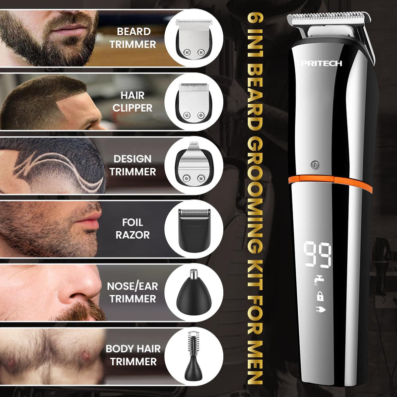 [Australia] - PRITECH Beard Trimmer for Men,6 in 1 Hair Clippers Kit, Precision Cordless Grooming Kit Waterproof IPX6 for Beard, Hair, Body, Nose, Ear, with Foil Razor (Silver) Silver 