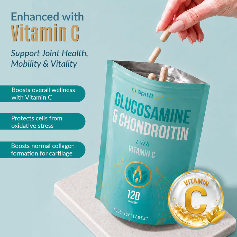 Glucosamine and Chondroitin with Vitamin C | Anti-inflammatory, Osteoarthritis, Cartilage Support | Premium Quality UK Certified Complex | Capsules | No Nasties | SPIRIT VITALE