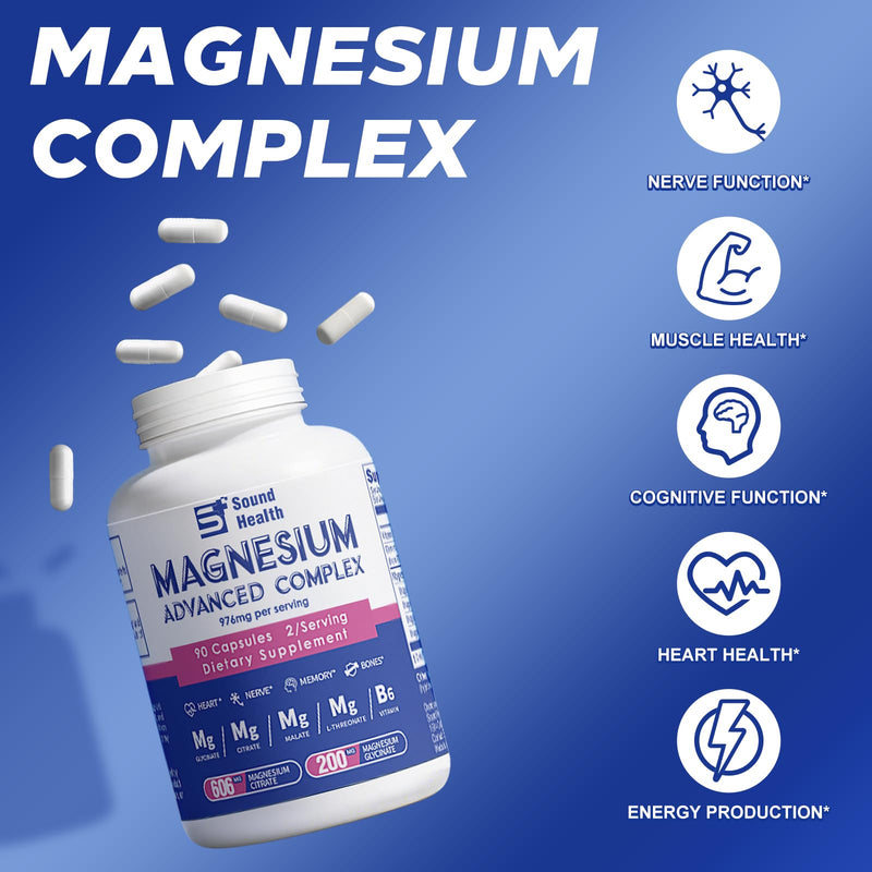 5 in 1 Magnesium Advanced Complex 976mg from Magnesium Glycinate, Citrate, Malate, L-Threonate & Vitamin B6, High Absorption Magnesium Complex for Women & Men, Non-GMO, 90 Vegan Capsules 90 Count (Pack of 1)