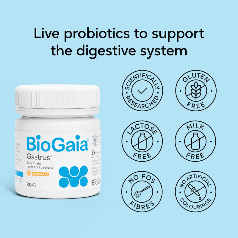 BioGaia Gastrus Probiotics for Gut Health | Bacterial Cultures with L. Reuteri to Balance Gut Flora | Dual Strains of Patented Lactobacillus Reuteri | 30 Chewable Supplement Tablets - Mandarin Flavour