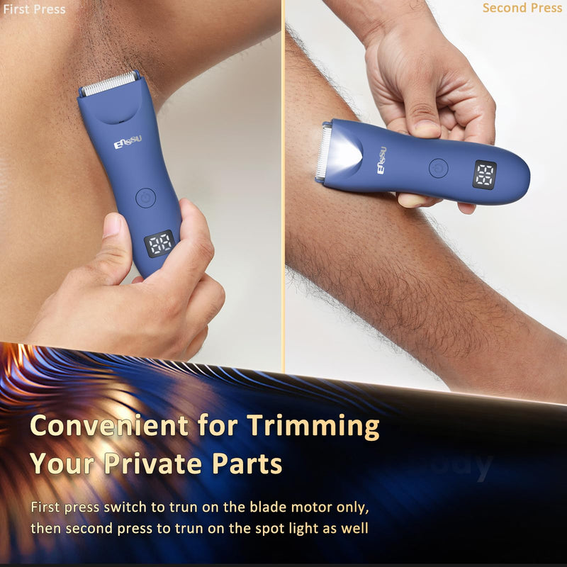 [Australia] - Body Hair Trimmer for Men with Light, IPX7 Waterproof Ball Pubic Groin Hair Trimmer for Man with Ceramic Blade, Rechargeable Body Groomer for Men with Charing Dock,LED Display,Blue Blue 