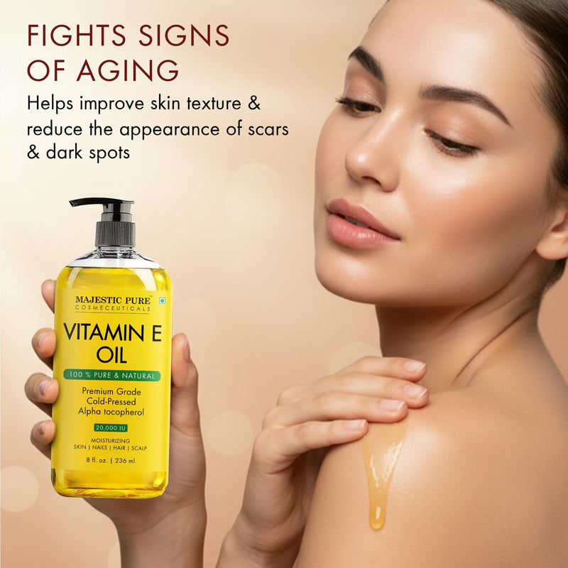 Majestic Pure Vitamin E Oil 100% Pure & Natural Body Oil - 8 Fl Oz | Cold Pressed & Hexane Free Carrier Oil for Moisturizing Dry Skin,Scars, Hair, Eyelashes, Eyebrows, Body, Face, Nails & Scalp 8 Fl Oz (Pack of 1)