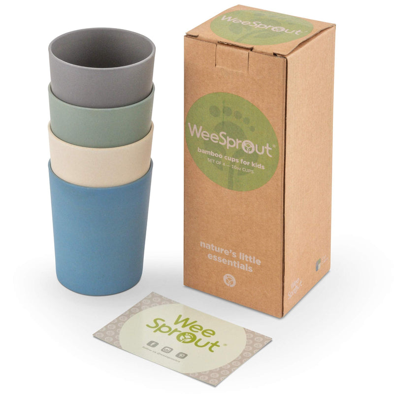 WeeSprout Bamboo Toddler Cups - 4 pc Set (10 fl oz), Organic & Non-Plastic Cup Pack for Toddlers, Big Kids or Baby, Natural 4 Count (Pack of 1) Blue, Green, Gray, & Beige