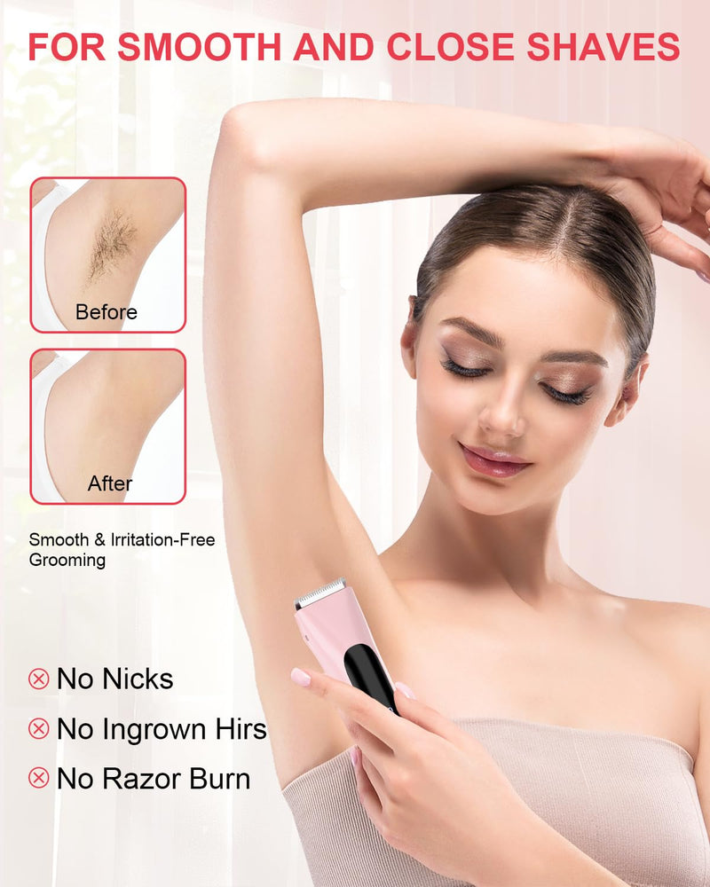 Bikini Trimmer for Women Pubic Hair,Electric Razors with Dual Heads for Body, Rechargeable IPX7 Waterproof Bikini Shaver for Travel,Facial Hair Remover for Leg Arm Face Pink