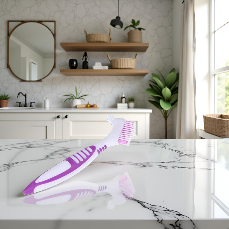 [Australia] - Premium Denture Cleaning Brush Set with Multi-Layered Bristles & Ergonomic Rubber Handle, Portable Denture Double Sided Brush for False Teeth Cleaning Orange 