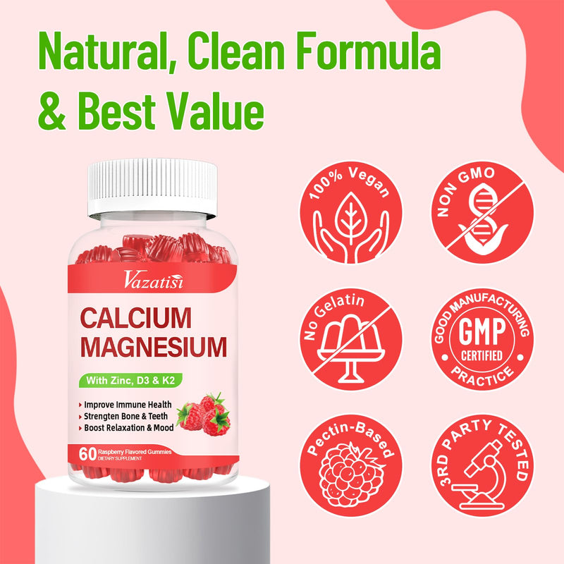 Calcium Magnesium Zinc Gummies with Vitamin D3 & K2, High Absorption Magnesium Glycinate Potassium for Immune and Calm Mood, Raspberry Flavor 60 Gummies 60 Count (Pack of 1)