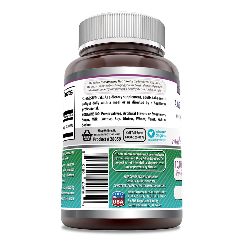 Amazing Formulas Biotin with Extra Virgin Organic Coconut Oil Supplement | 10000 Mcg | 120 Softgels | Non-GMO | Gluten-Free | Made in USA Unflavored 120 Count (Pack of 1)