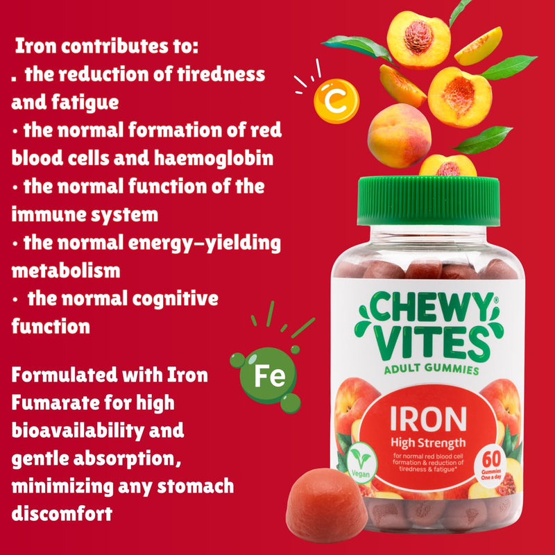 Chewy Vites Adult High Strength Iron, 60 Vitamin Gummies, 14mg Ferrous Fumerate Iron Gummies with Vitamin C, 2 Months Supply, Real Fruit Juice, Vegan, Peach Flavour