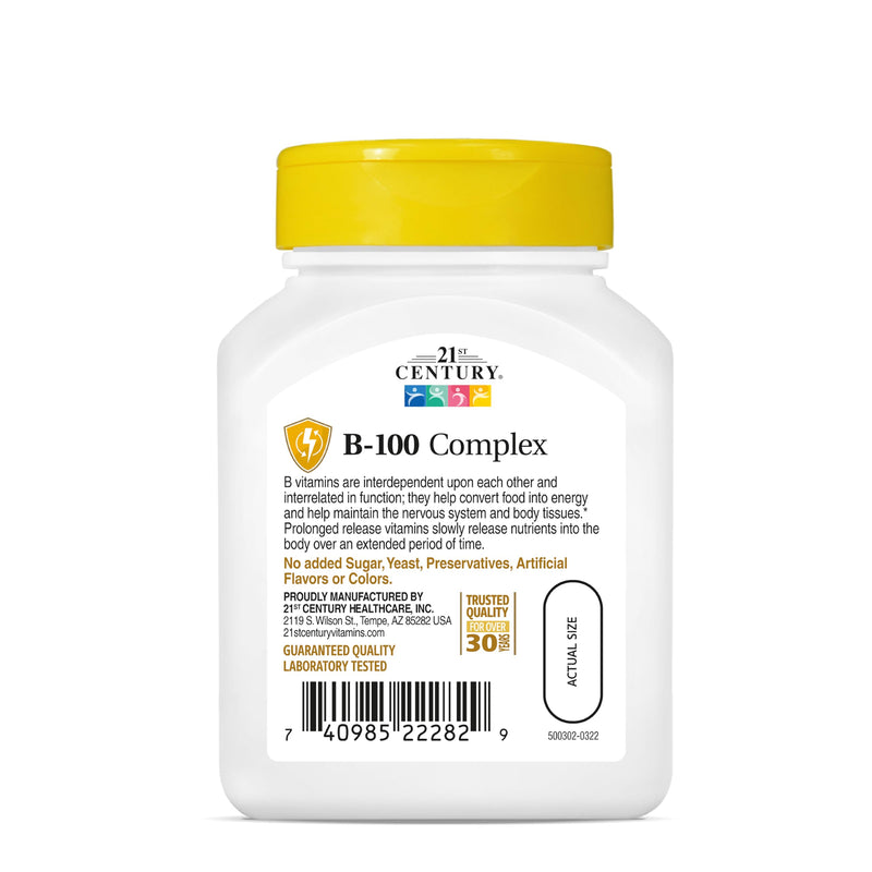 21st Century B-100 Complex Prolonged Release Tablets, Energy, 60 Count | High-Potency B-100 Complex with B1, B2, B6, B12, Biotin & Folic Acid, Energy Metabolism & Nervous System Support, Gluten Free 60 Count (Pack of 1)