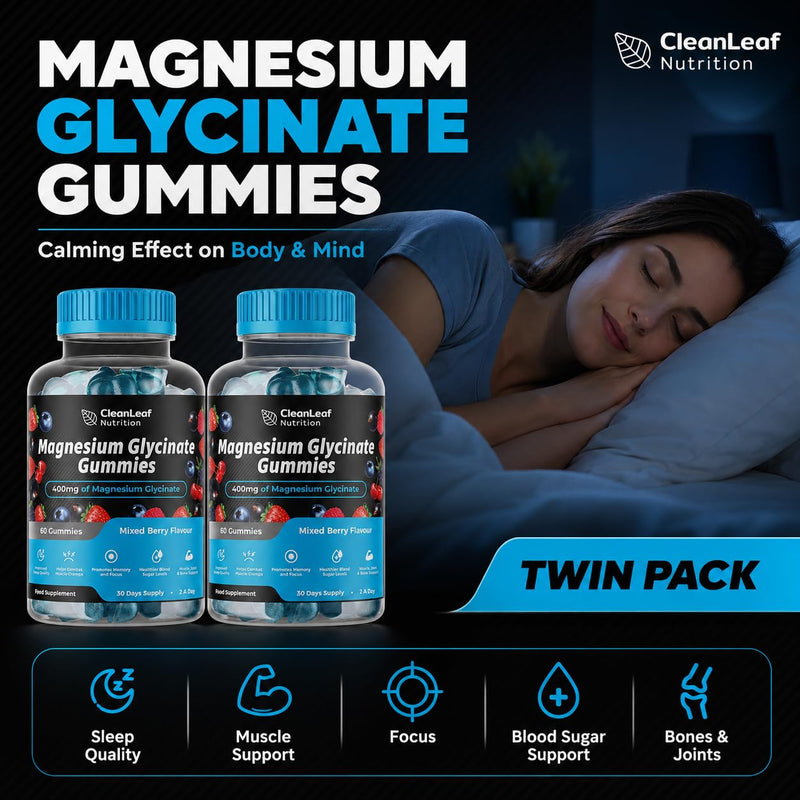 Magnesium Glycinate Twin Pack Gummies - 400mg High Absorption Formula for Sleep, Stress Relief & Muscle Health - Mixed Berry Flavor, Non-GMO, 60-Day Supply for Adults 60 count (Pack of 2)