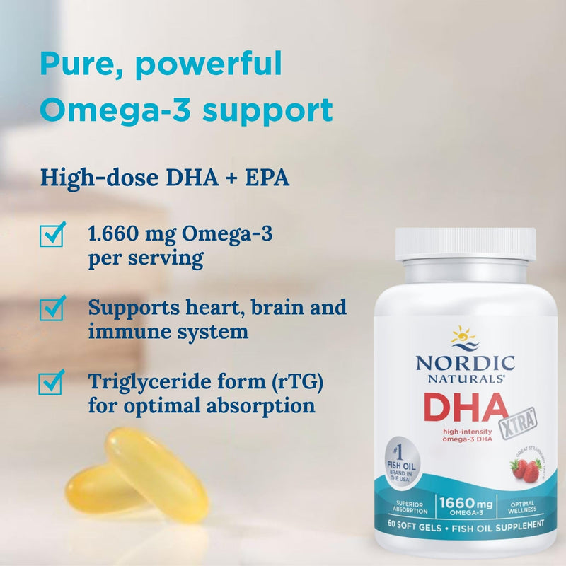 Nordic Naturals DHA Xtra 1660mg, Omega 3 Capsules High Strength Fish Oil with EPA and DHA, Strawberry Flavour, 60 Softgels, Soy-Free, Gluten-Free